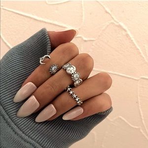 Vintage Heart Knuckle Rings Set Statement Black Silver Adjustable Stackable